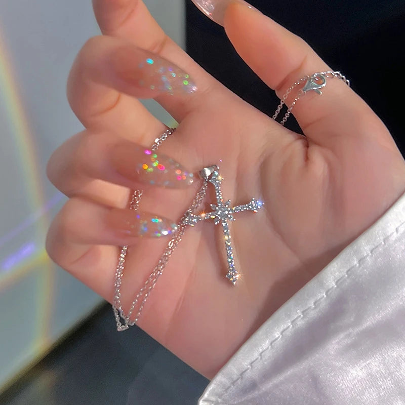 Crystal Cross Pendant Necklace for Women Girls Shiny Sweet Chain Punk Party Fashion Pendant Fashion Jewelry Accessories