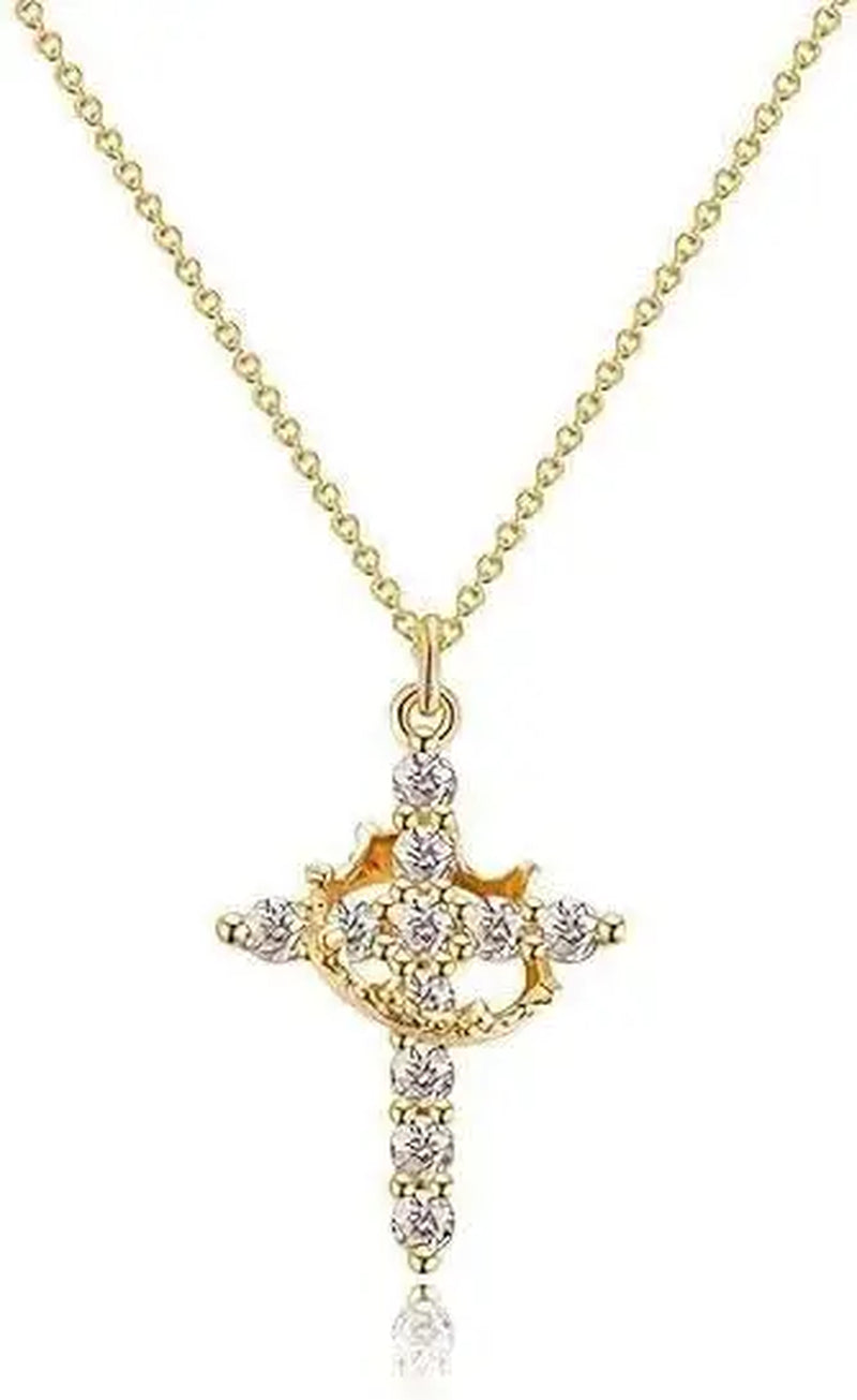 Diamond Cross Necklace for Women-Dainty 14K Gold Cubic Zirconia Pendant Simple Gold Cross Necklace Cute Tiny Silver