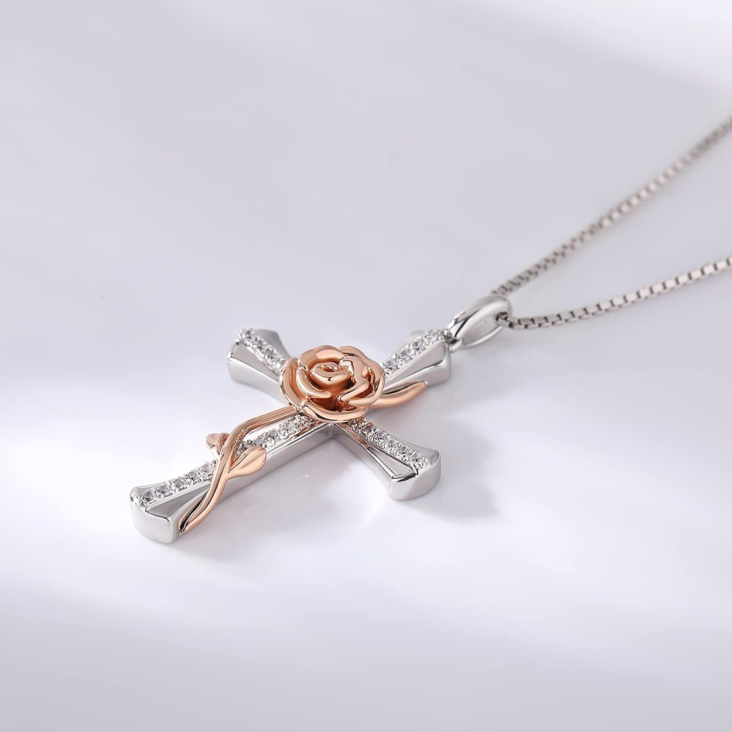 Rose Cross Necklace for Women 925 Sterling Silver Infinity Rose Cross Pendant Cubic Zirconia, Cross Jewelry Gift for Women Mom