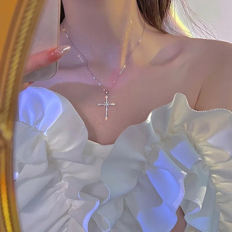 Crystal Cross Pendant Necklace for Women Girls Shiny Sweet Chain Punk Party Fashion Pendant Fashion Jewelry Accessories