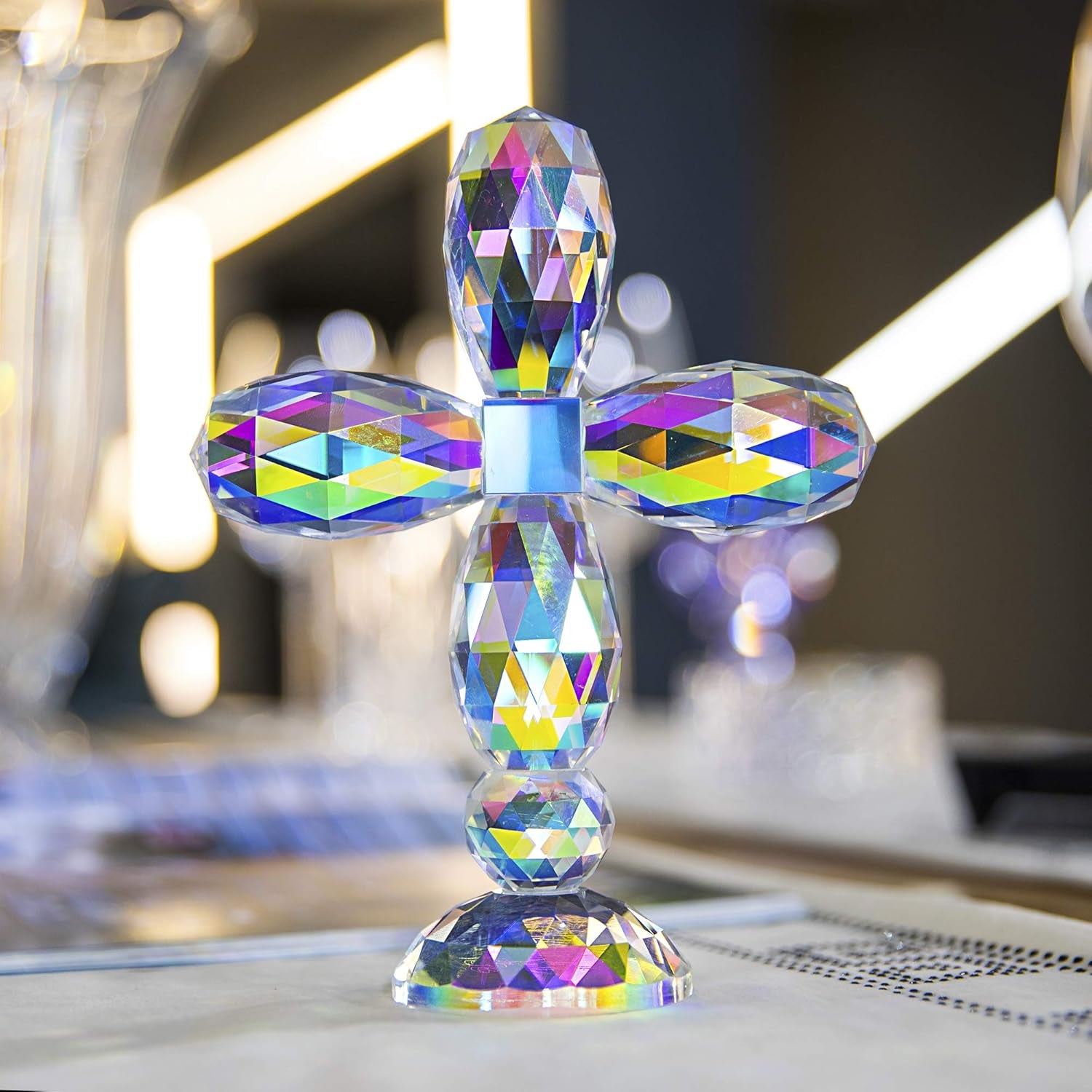 7" Crystal Cross Standing, Decorative Glass Crosses for Table Shelf Tabletop & Home Decor