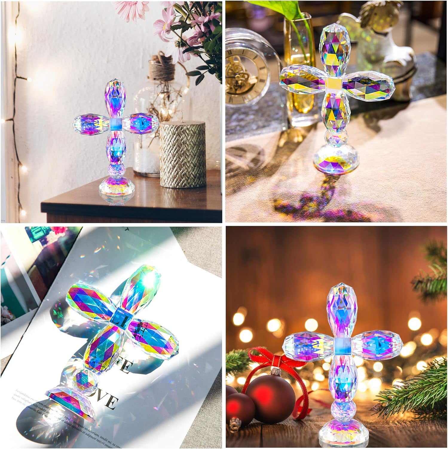 7" Crystal Cross Standing, Decorative Glass Crosses for Table Shelf Tabletop & Home Decor