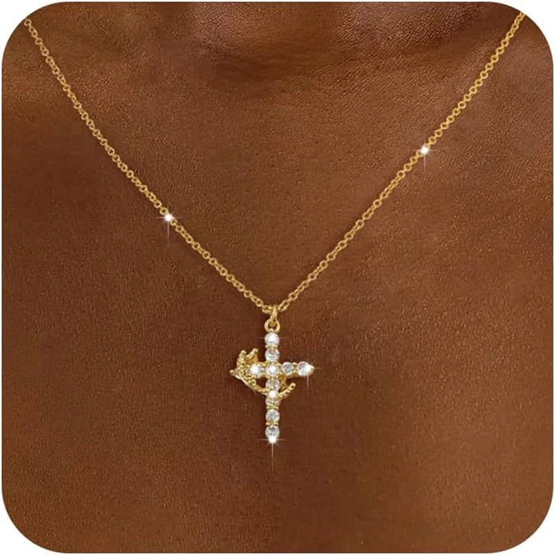 Diamond Cross Necklace for Women-Dainty 14K Gold Cubic Zirconia Pendant Simple Gold Cross Necklace Cute Tiny Silver