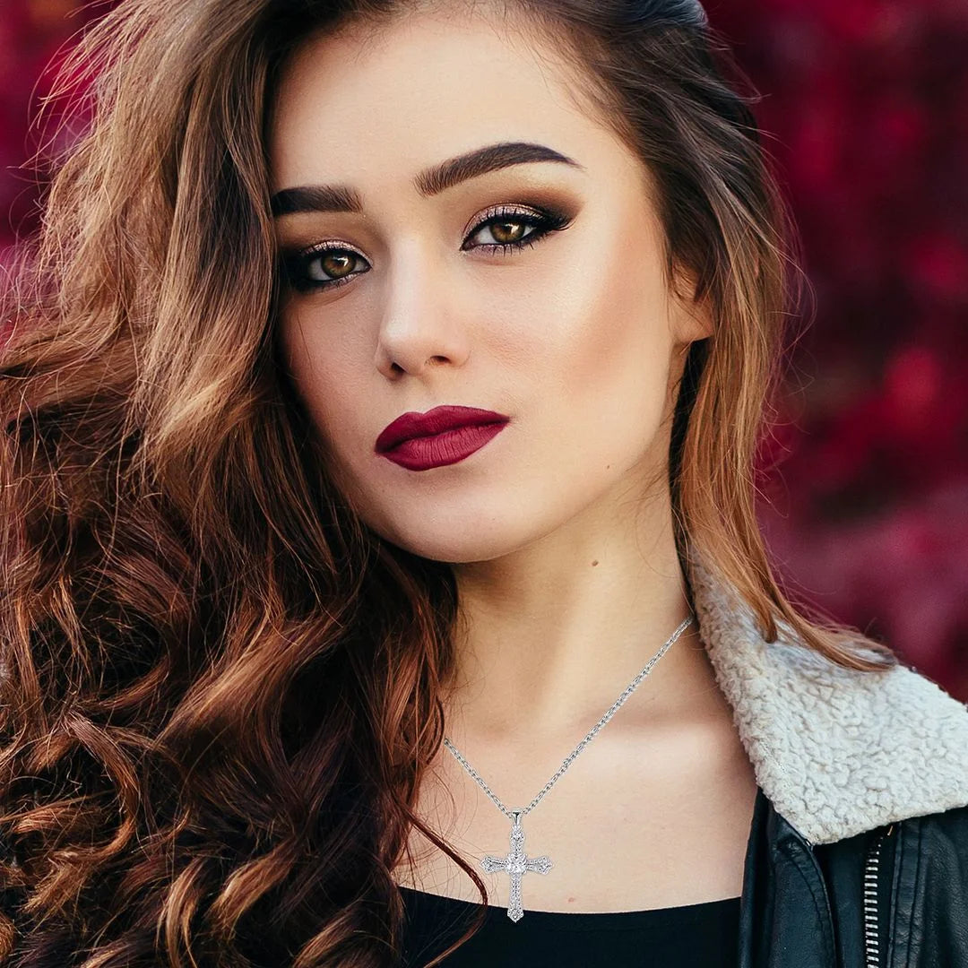 Cross Necklace for Women White Cubic Zirconia Pendant Platinum Plated Christian Jewelry Faith Religious Stainless Steel Size 20" Birthday Gifts for Women