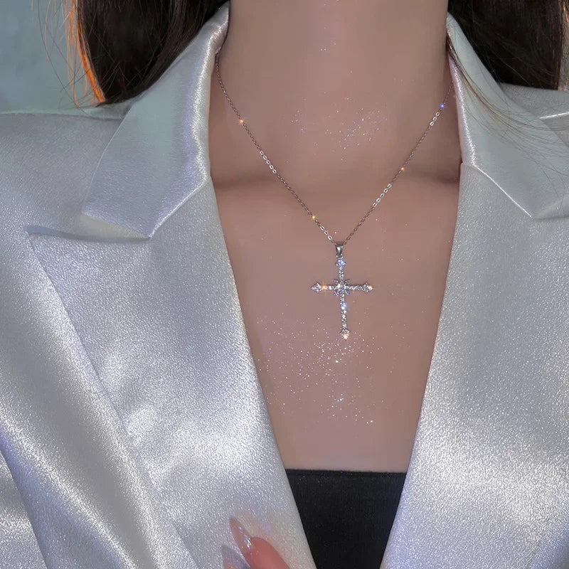 Crystal Cross Pendant Necklace for Women Girls Shiny Sweet Chain Punk Party Fashion Pendant Fashion Jewelry Accessories