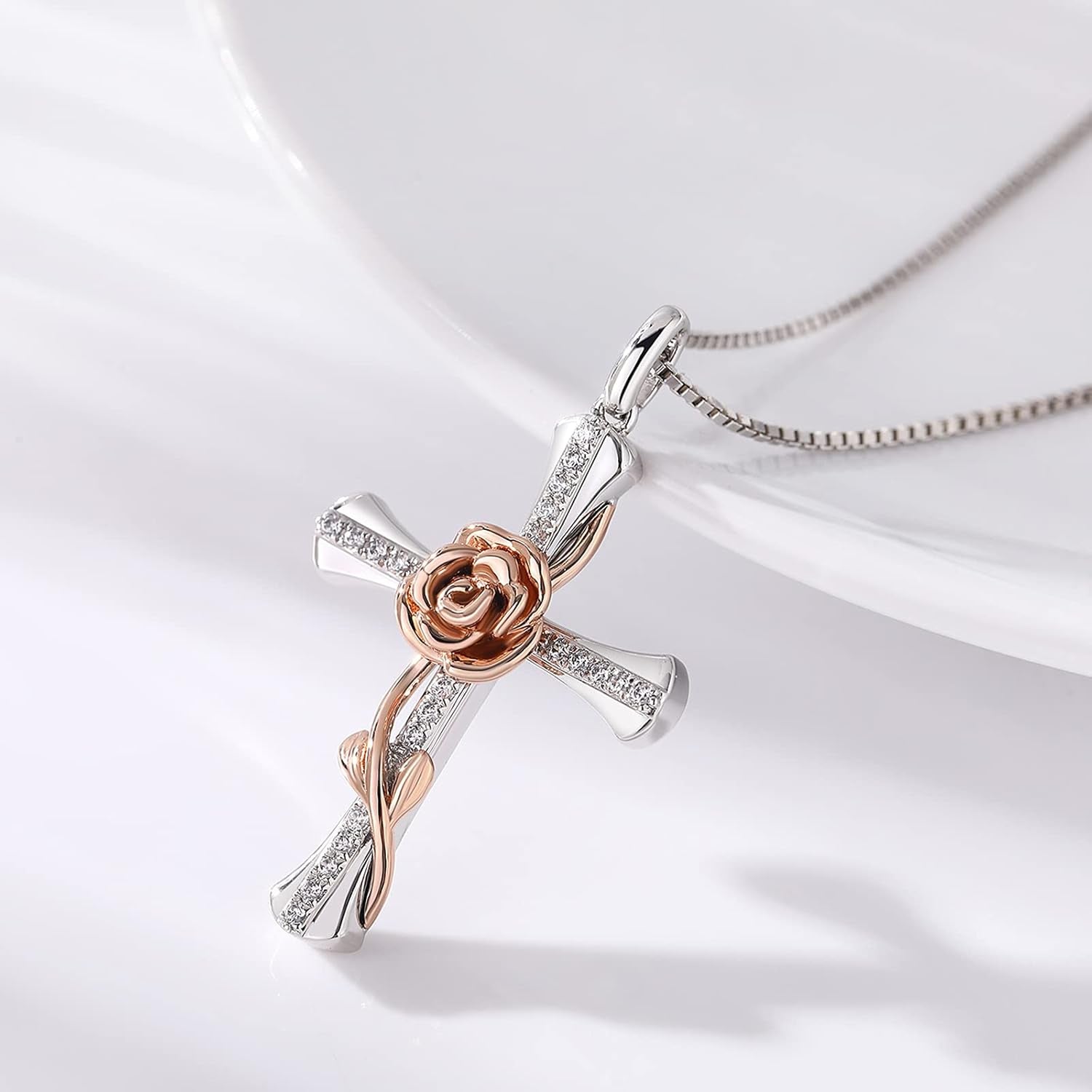 Rose Cross Necklace for Women 925 Sterling Silver Infinity Rose Cross Pendant Cubic Zirconia, Cross Jewelry Gift for Women Mom