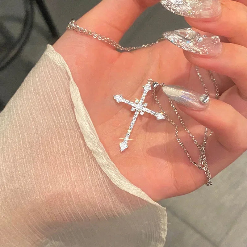 Crystal Cross Pendant Necklace for Women Girls Shiny Sweet Chain Punk Party Fashion Pendant Fashion Jewelry Accessories