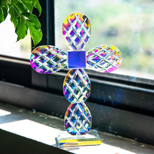 9'' Tall Colorful Crystal Cross Standing Grid Modern Cross Figurine Glass Craft Memorial Gifts Christian Decor