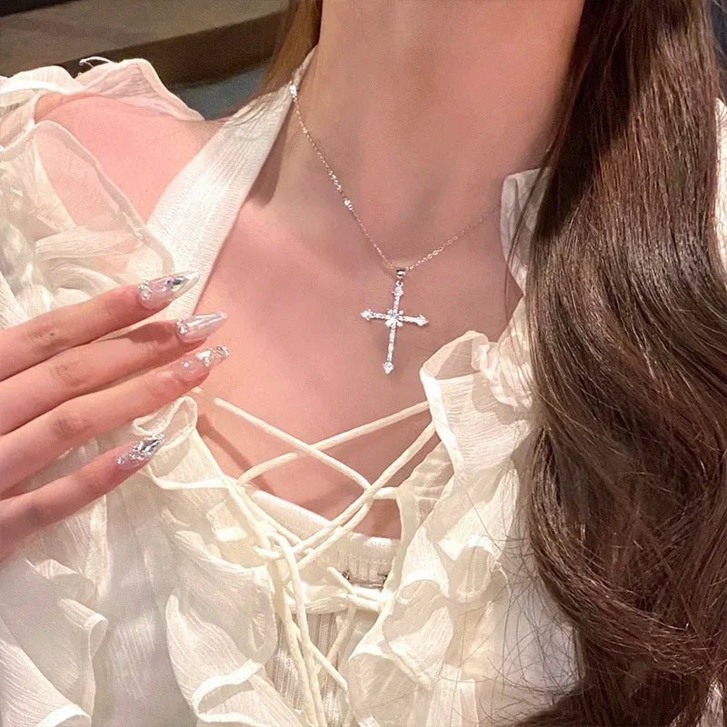 Crystal Cross Pendant Necklace for Women Girls Shiny Sweet Chain Punk Party Fashion Pendant Fashion Jewelry Accessories