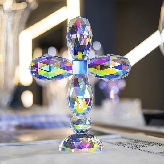 7" Crystal Cross Standing, Decorative Glass Crosses for Table Shelf Tabletop & Home Decor