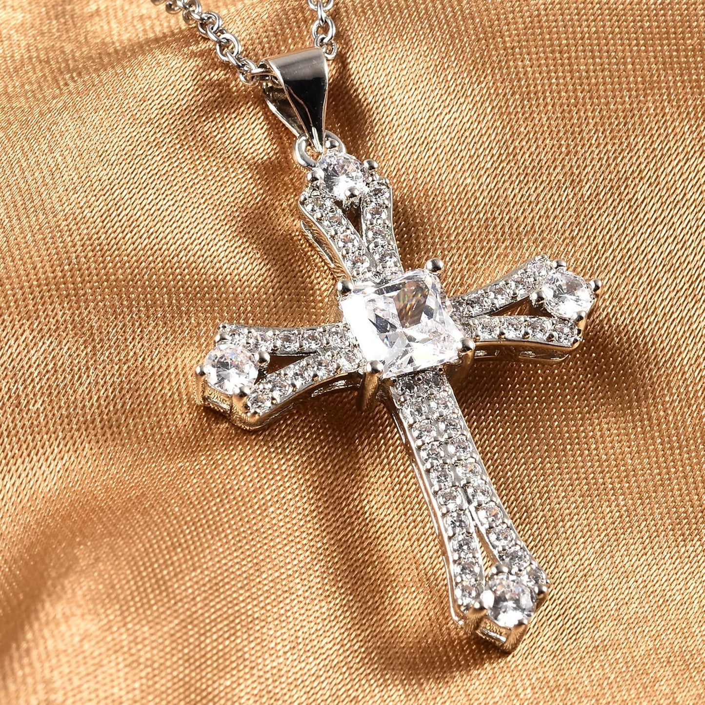 Cross Necklace for Women White Cubic Zirconia Pendant Platinum Plated Christian Jewelry Faith Religious Stainless Steel Size 20" Birthday Gifts for Women