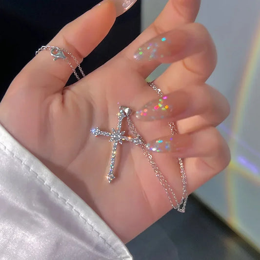 Crystal Cross Pendant Necklace for Women Girls Shiny Sweet Chain Punk Party Fashion Pendant Fashion Jewelry Accessories